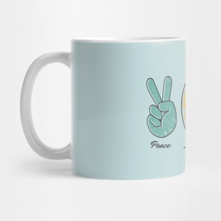 Peace, Surf, Love, finger peace sign, surfboard, Heart Ribbon Mug